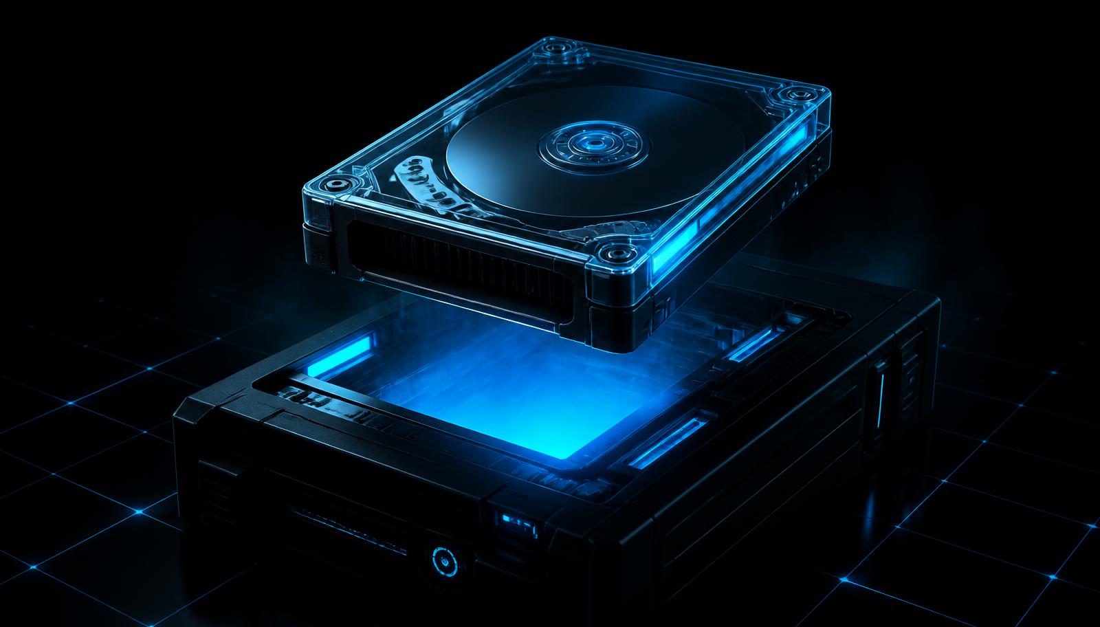 Cartucho de disco removível sendo posicionado sobre uma unidade de disco