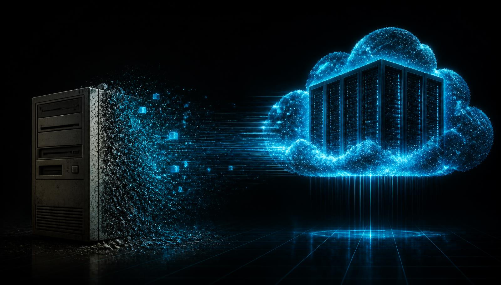 Computador antigo se dissolvendo em partículas que formam um datacenter em nuvem