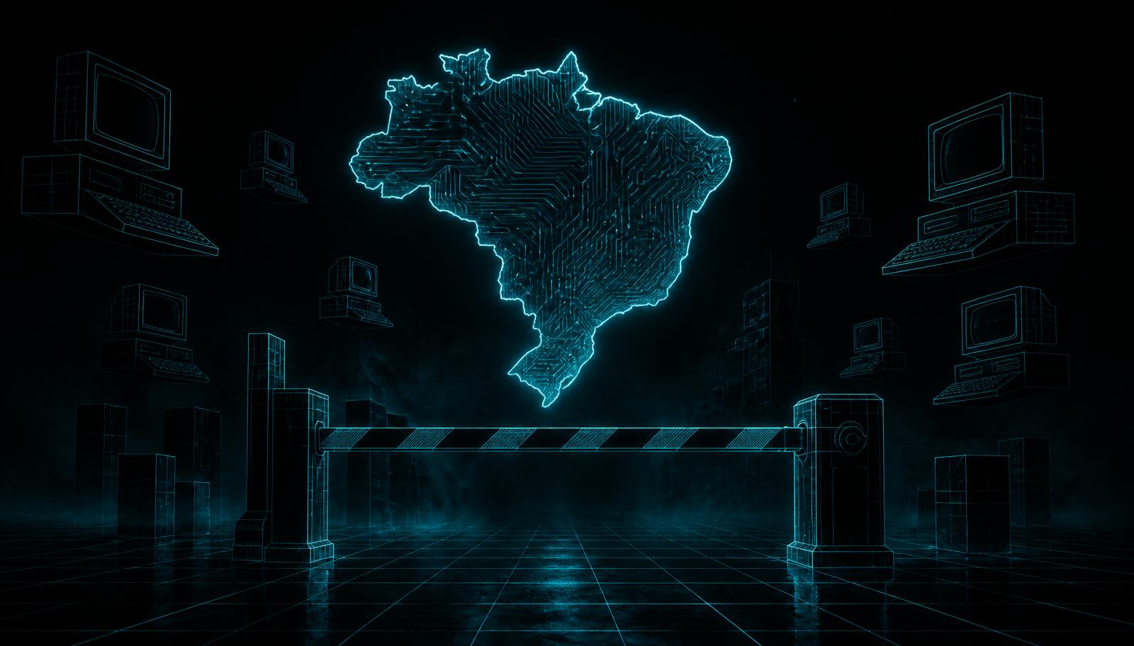 Mapa do Brasil em traços de circuito com microcomputadores dos anos 80 ao redor