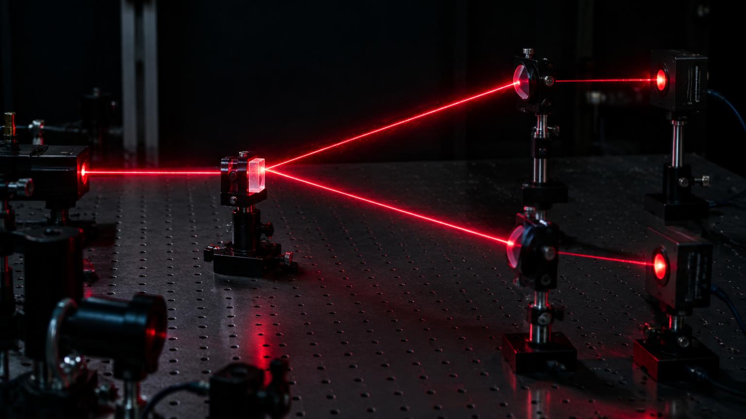 Laser atingindo um cristal e gerando dois feixes de fótons em laboratório