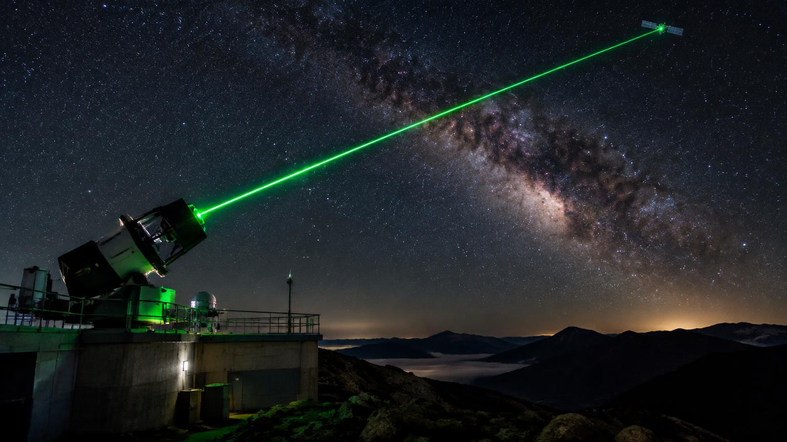 Estação terrestre disparando laser verde para satélite sob a Via Láctea