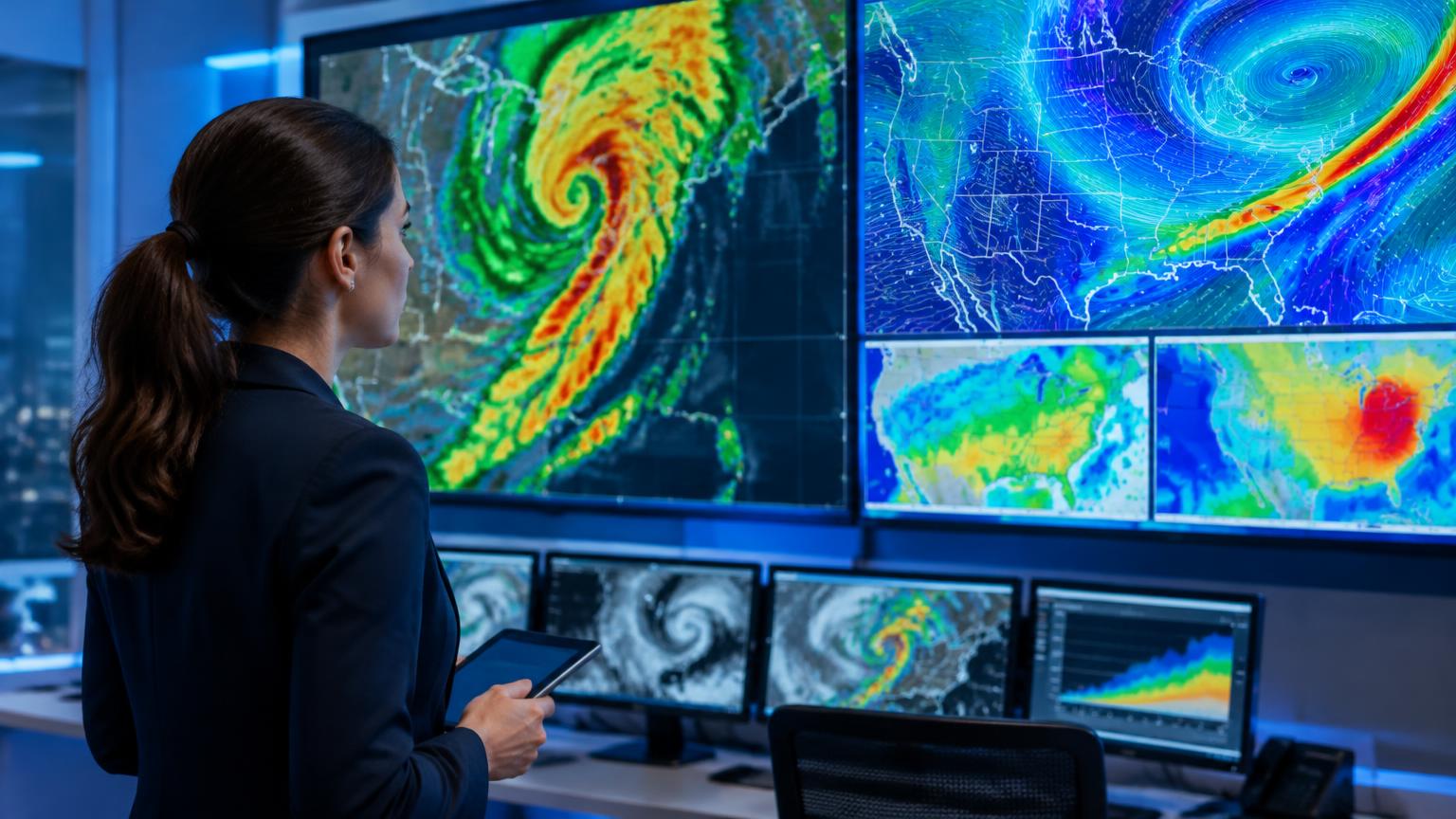Meteorologista analisando mapas de radar e modelos em telas grandes