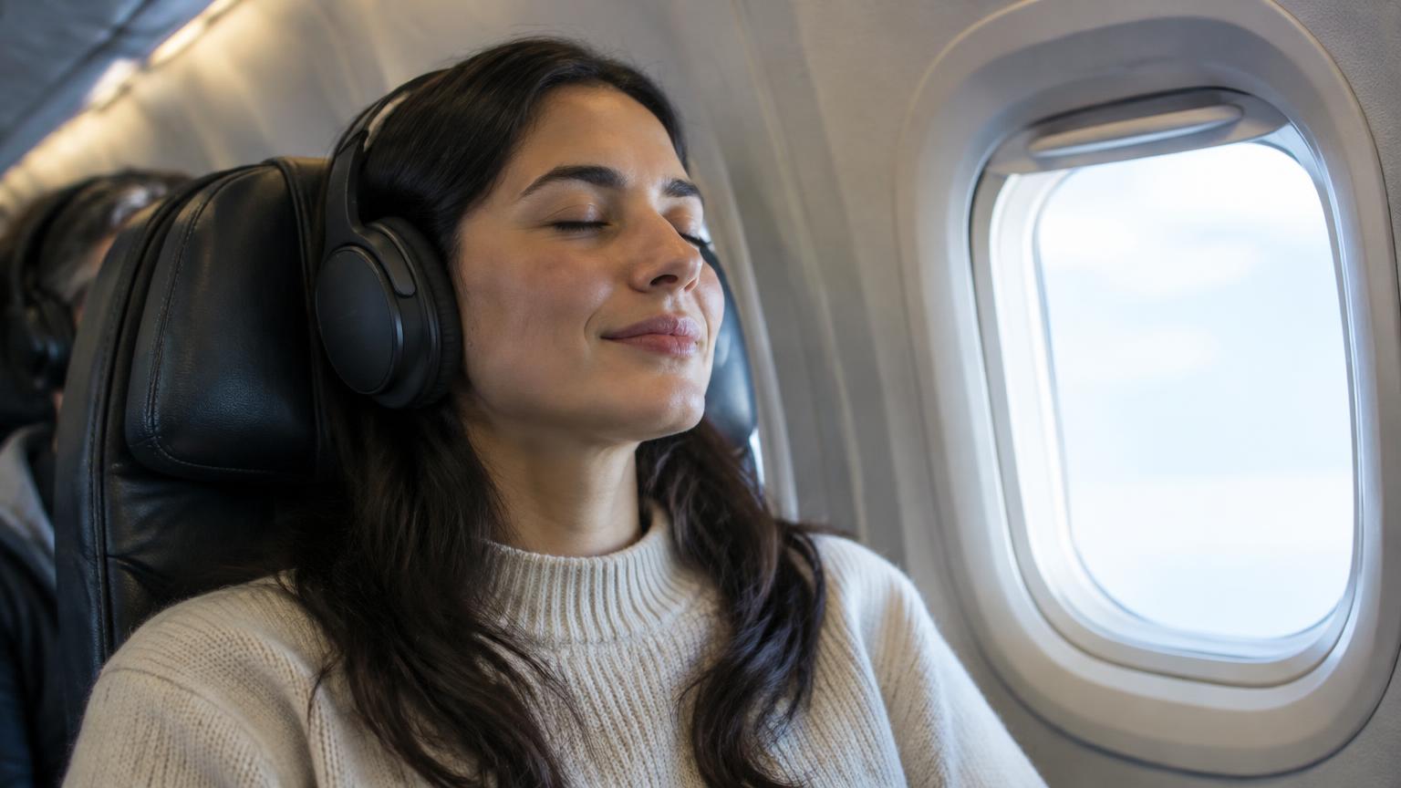 Mulher tranquila usando fone com cancelamento de ruído em avião