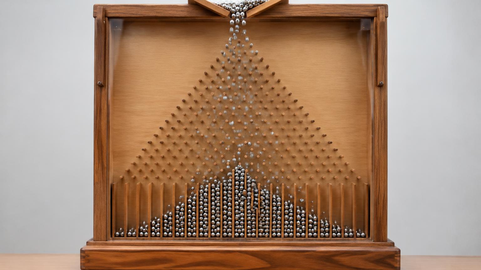 Máquina de Galton com bolinhas de aço formando uma curva