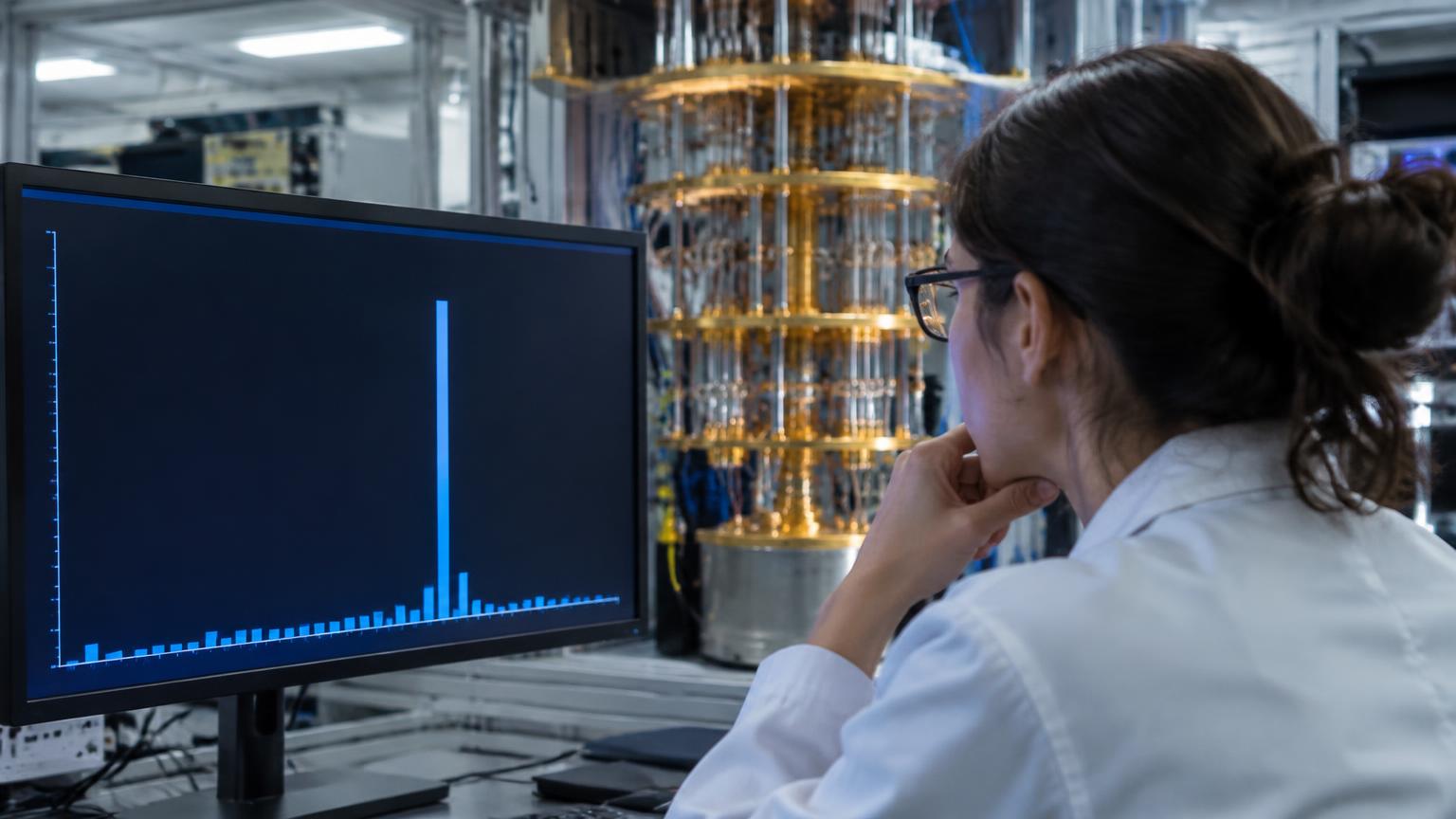 Cientista analisando histograma com uma barra muito mais alta que as demais