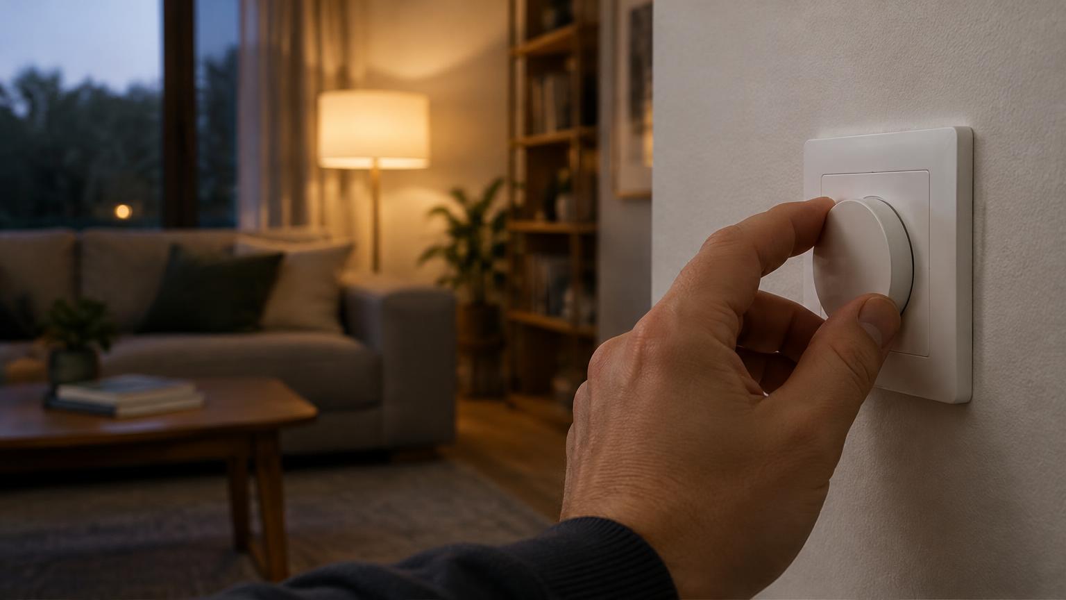 Mão girando dimmer redondo na parede de uma sala à meia-luz
