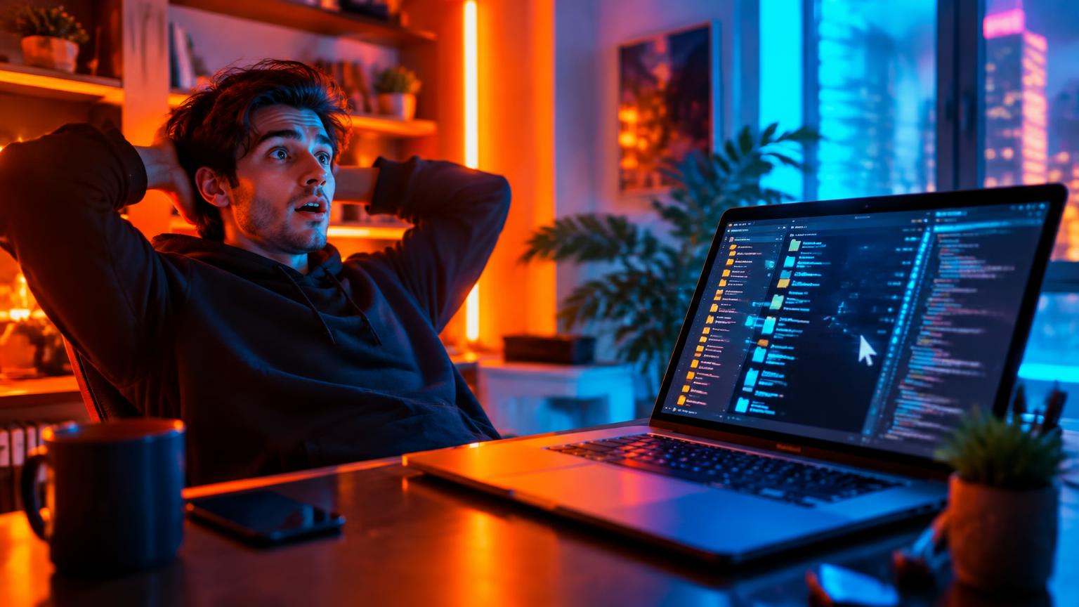 Desenvolvedor surpreso enquanto o computador se organiza sozinho