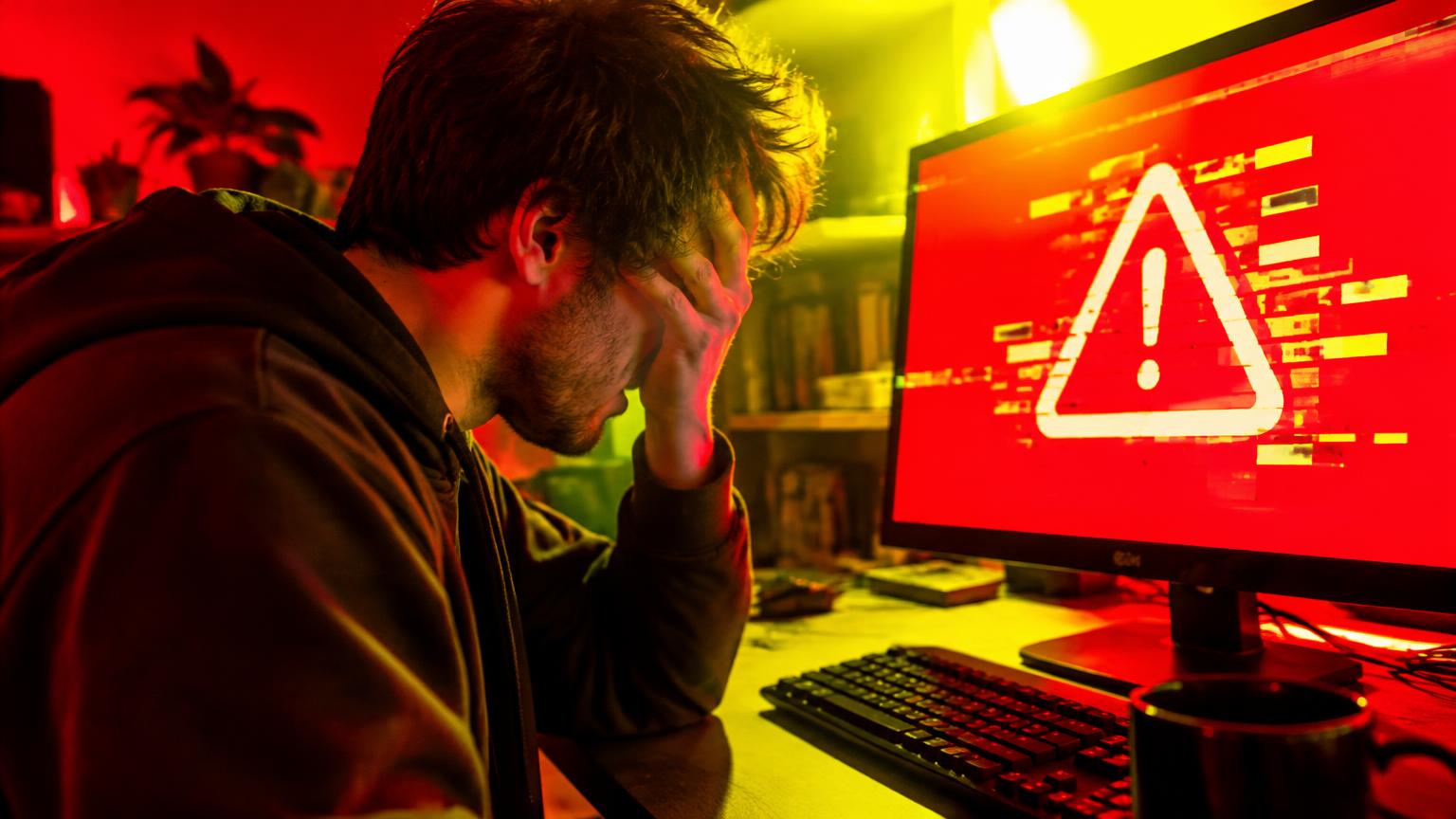 Programador com a mão no rosto diante de tela vermelha de erro