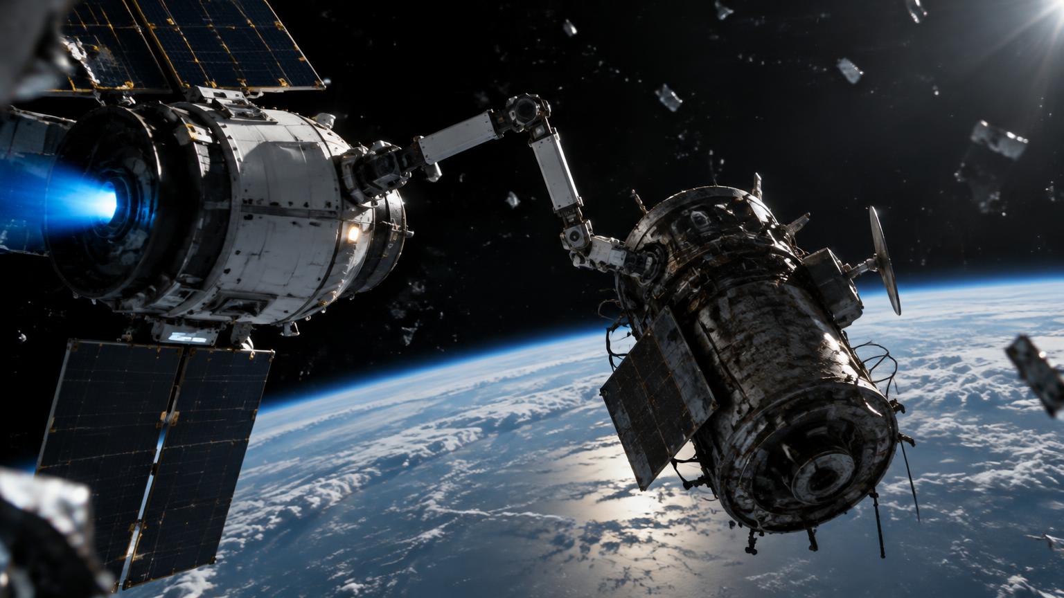 Satélite com braço robótico capturando satélite desativado em órbita