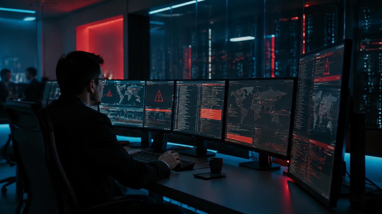 Auditor analisando monitores com alertas em centro de operações de segurança