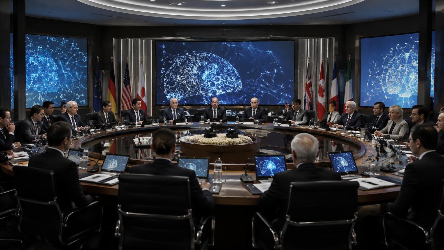 Diplomatas e cientistas reunidos em mesa redonda com telas de redes neurais