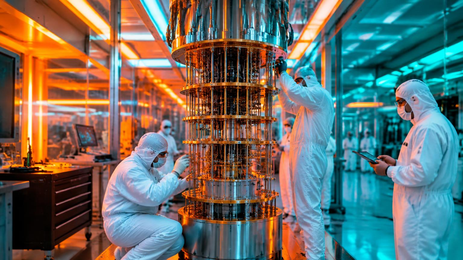 Engenheiros em trajes de sala limpa montando computador quântico