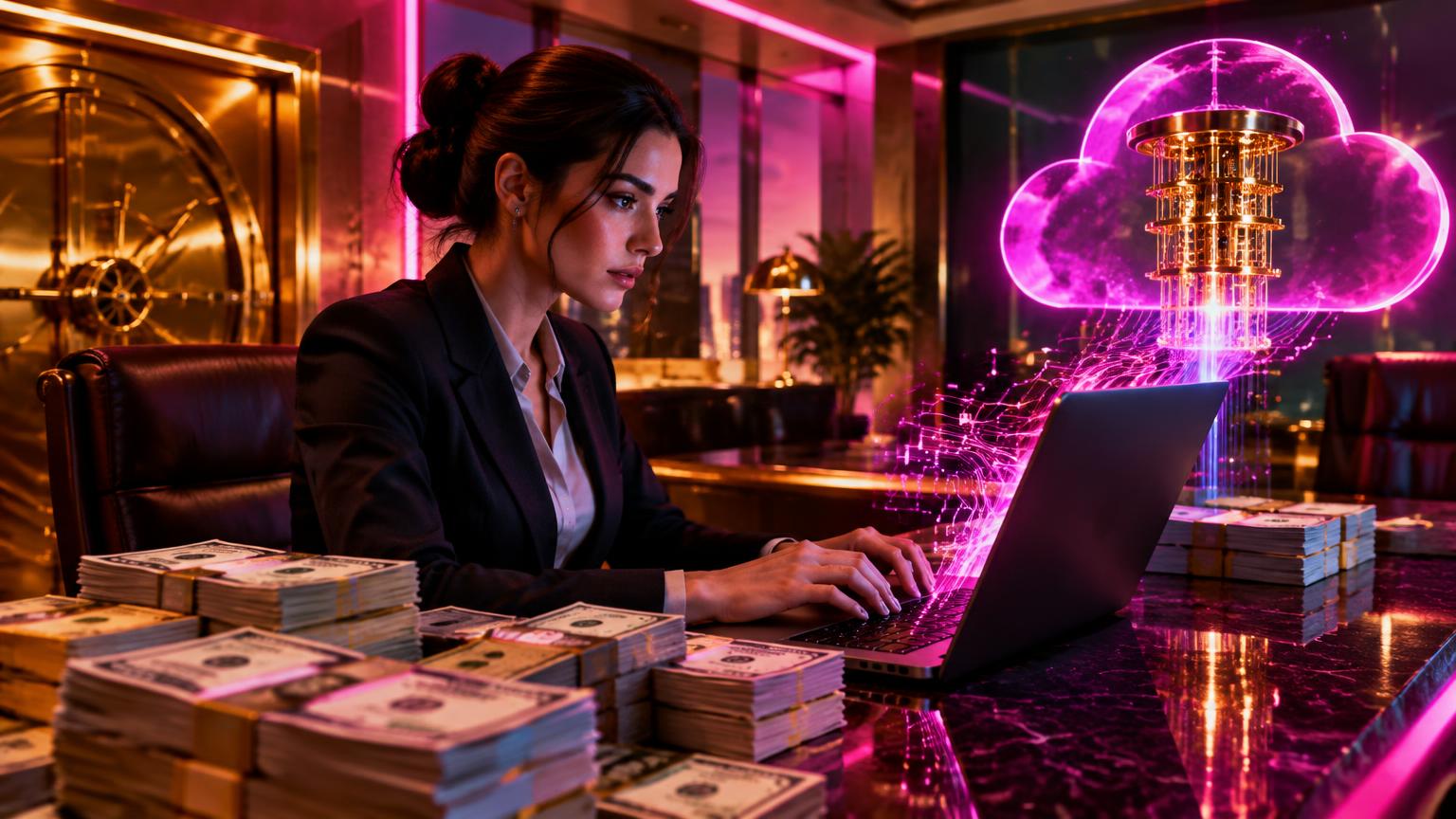 Executiva em banco acessando computador quântico na nuvem