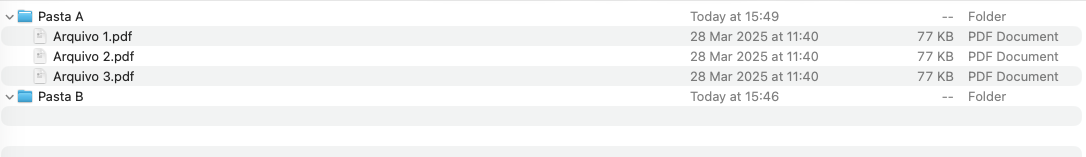 Finder no Mac mostrando a Pasta A com Arquivo 1, 2 e 3 e a Pasta B vazia, antes de mover os arquivos