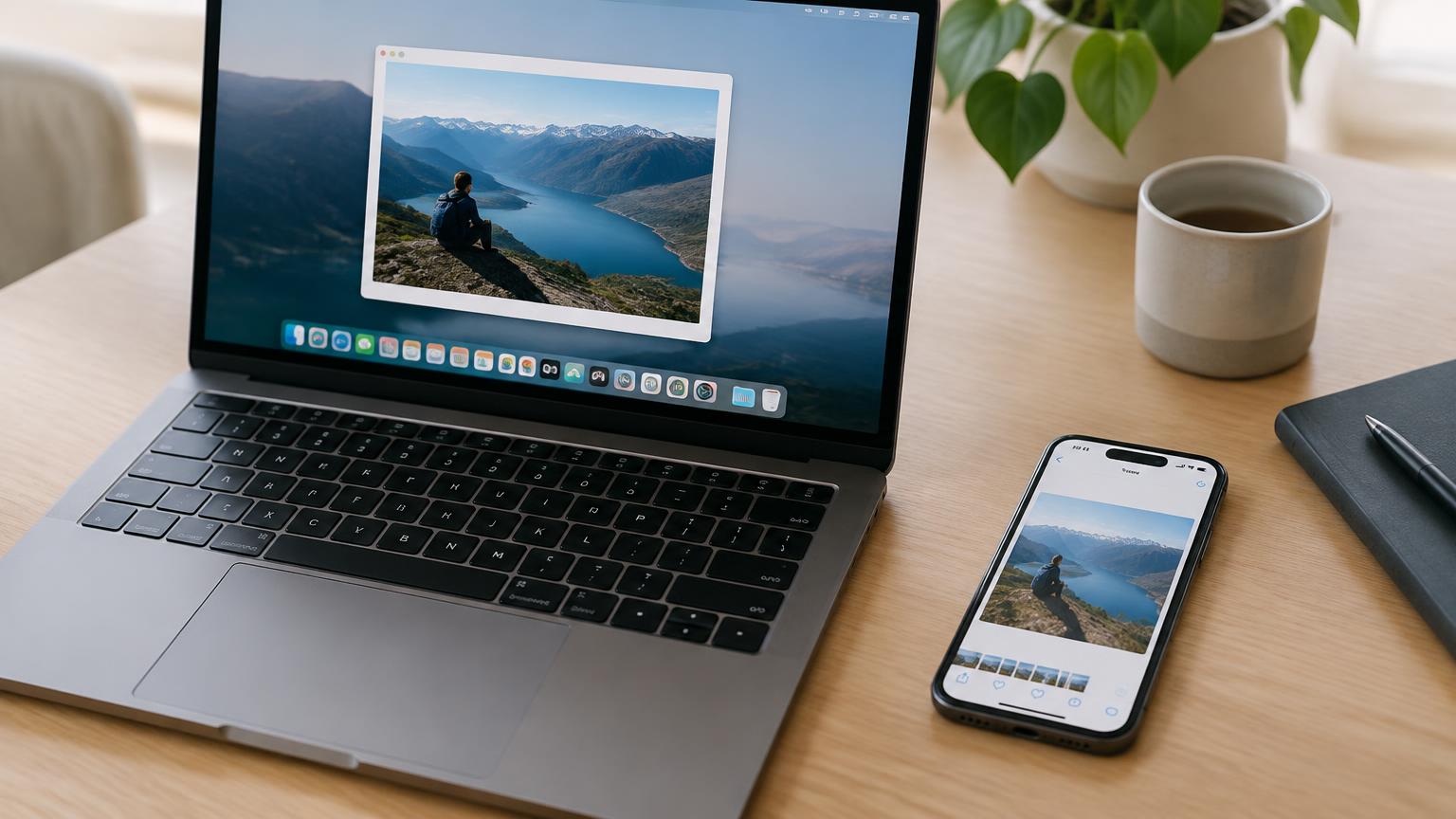 MacBook e iPhone lado a lado mostrando a mesma imagem