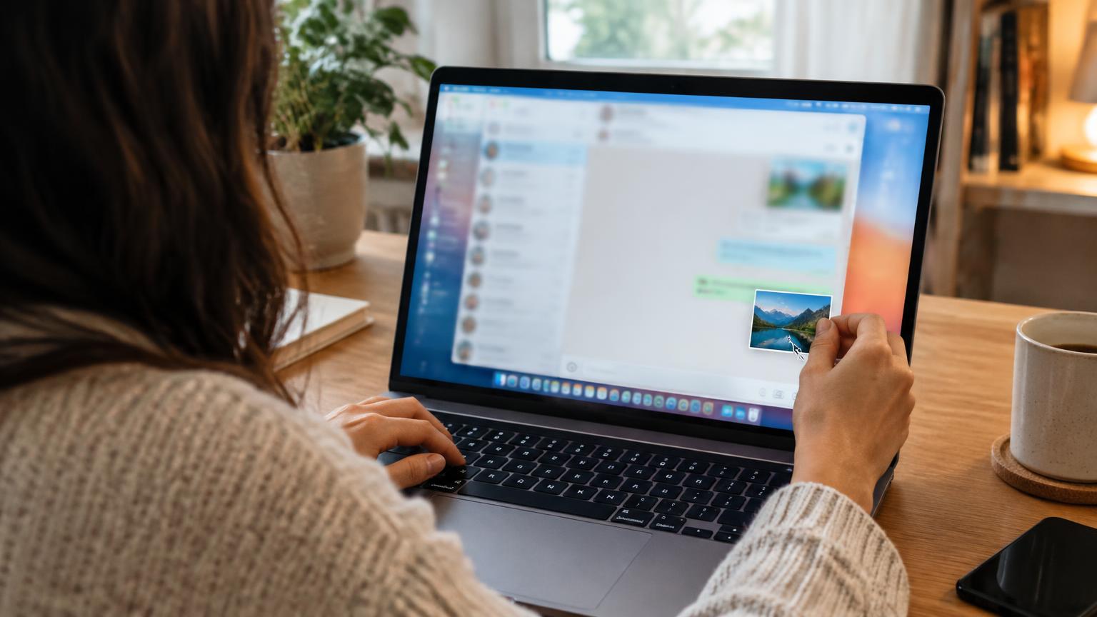 Pessoa colando uma imagem numa conversa do WhatsApp no MacBook